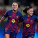 Clàudia Pina and FC Barcelona Femení celebrate their 8-0 victory over HB Køge in the UEFA Women's Champions League.